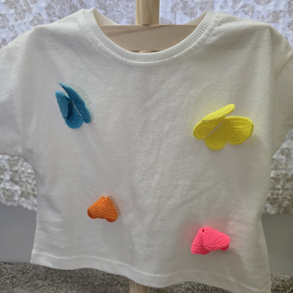 Zara White Short Sleeve Tee with Blue, Yellow, Orange & Pink Crochet Hearts